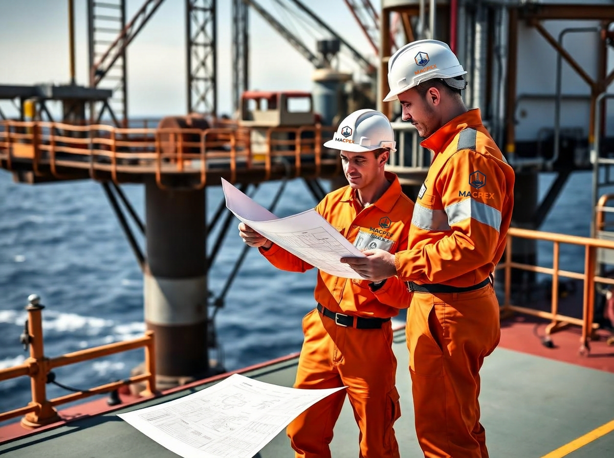 Macpex engineers reviewing drilling programs on a rig deck